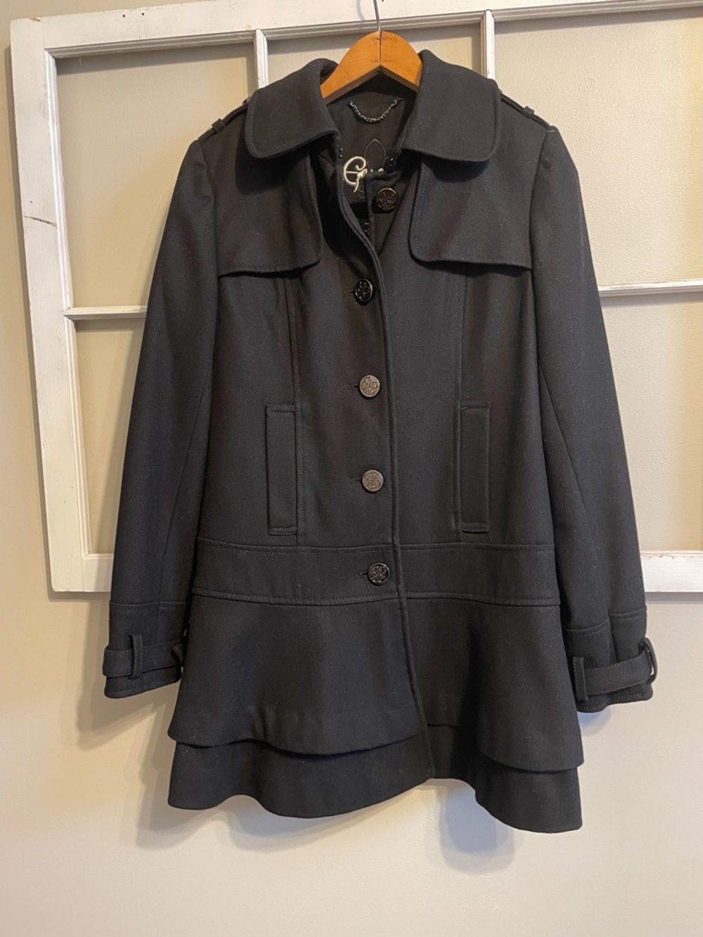 Guess Black Women's Pea Coat with Layered Hem